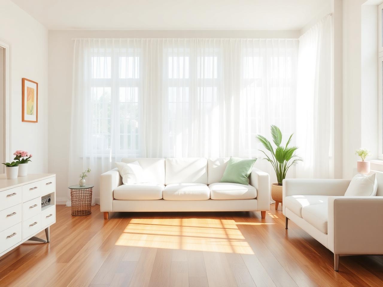Bright, freshly cleaned living room with sunlight streaming in